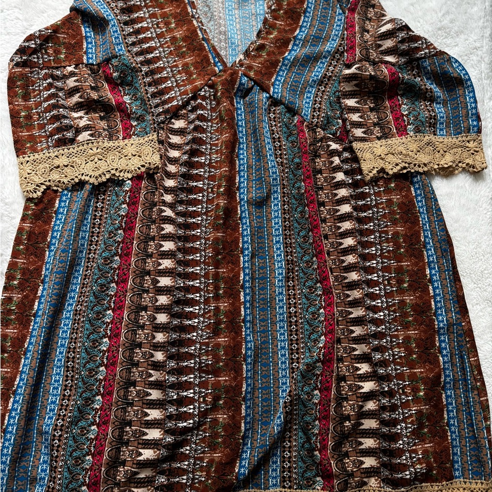 Bohemian Striped Dress with Lace Trim